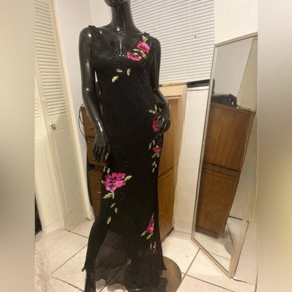 Vintage Sue Wong 100% Silk Black Beaded Floral Embroidered Gown Dress Size 8 - Picture 1 of 11